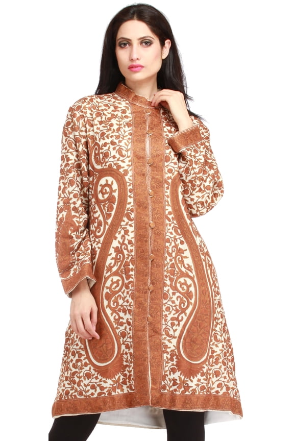 Ivory and Brown Kashmiri Long Jacket with All-Over Hand-Embroidered Paisleys