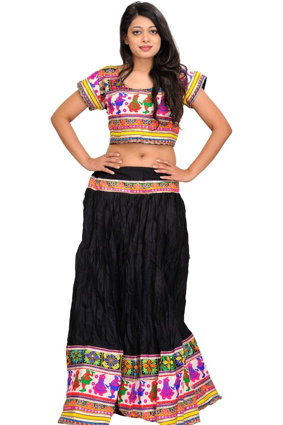 Jet-Black Two-Piece Embroidered Lehenga Choli with Dancing Couples on Border