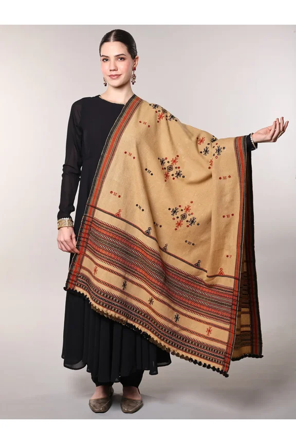 Kutch Embroidered Booti Mirror Work Shawl Red Handcrafted Wool Blend Women's Wrap Scarf