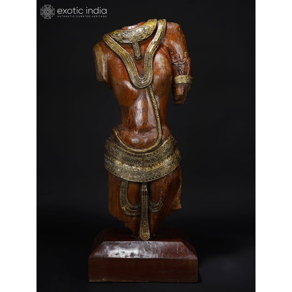 Exotic India Lady Torso Sculpture in Wood & Brass - Handcrafted Artistic Home Decor Showpiece