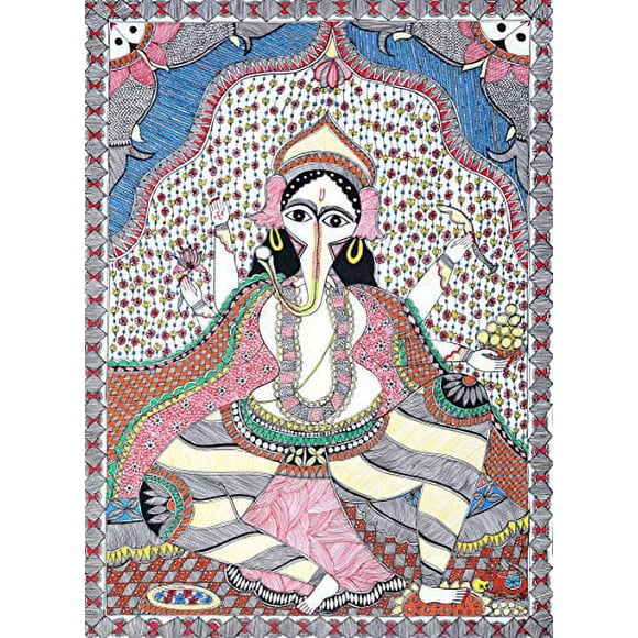 The Intelligent Eyes Of Ganesha, Lover Of Laddoos And Son Of Shiva - Madhubani Painting on Hand Made