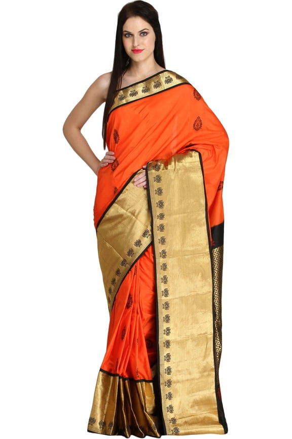 Mandarin-Orange Wedding Sari from Bangalore with Wide Lotus Border and Brocade-Weave