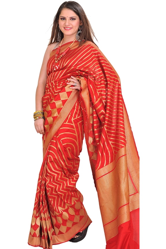 Mars-Red and Golden Wedding Saree from Banaras with Zari Weave All-Over