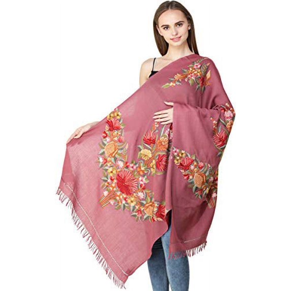 Exotic India Mauvewood Stole from Kashmir with Hand-Embroidered Flowers - Pink