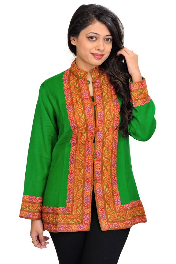 Mint-Green Jacket from Kashmir with Aari Hand-Embroidery on Border