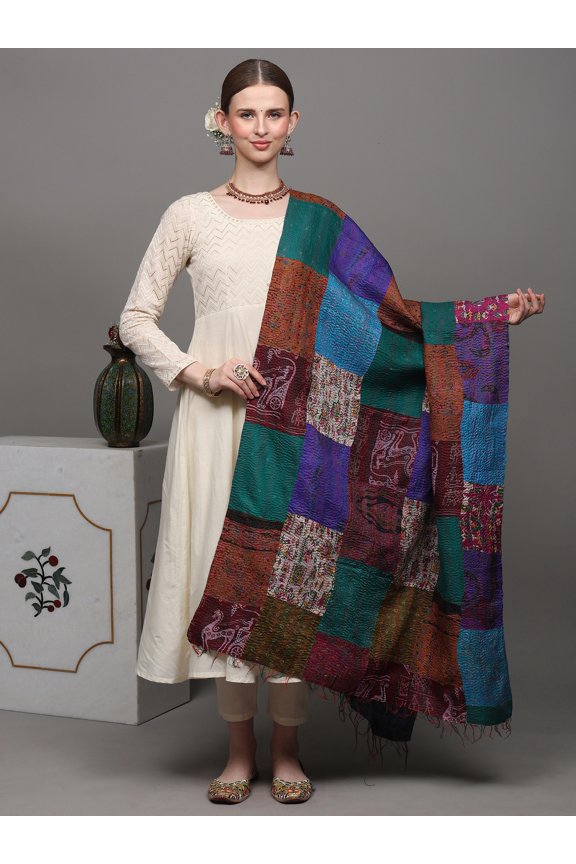 Multi-Color Patchwork Reversible Shawl from Kolkata with Kantha Stitch Embroidery All-Over