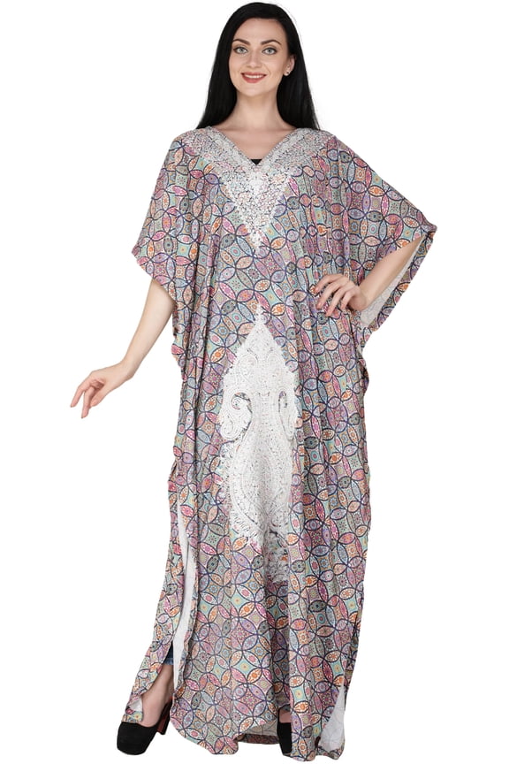 Multicolor Long Printed Kaftan with Zari Embroidered Florals and Paisleys