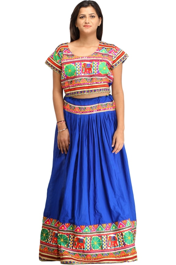 Nautical-Blue Embroidered Two-Piece Lehenga Choli with Elephants and Mirrors