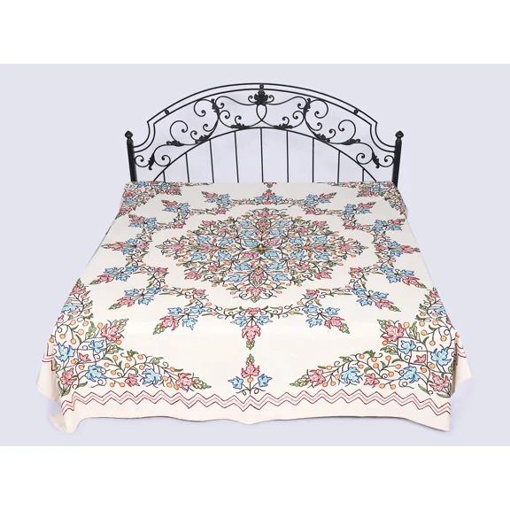 Exotic India Off-White Bedspread from Kashmir with Ari-Embroidered Flowers in Multicolor Thread - Pure Cotton Can