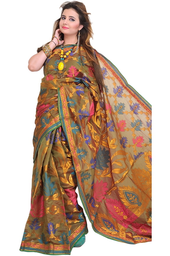 Olive-Green Banarasi Sari with Large Woven Flowers and Zari Weave