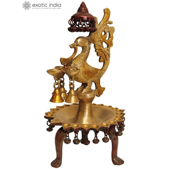 14" Peacock Lamp with Ghungroos and Bells in Brass | Handmade | Made in India