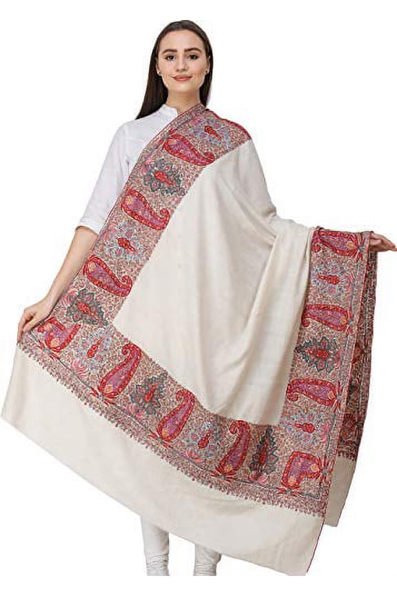 Pearled-Ivory Pashmina Shawl from Kashmir with Sozni Ha - Off White