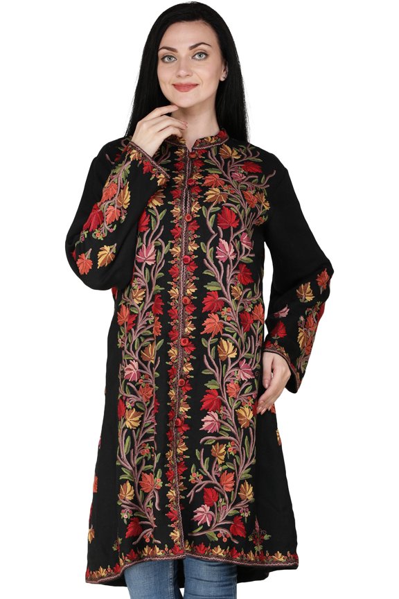 Phantom-Black Jacket from Kashmir with Hand-Embroidered Tree of Life
