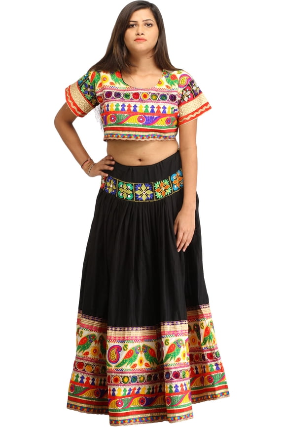 Phantom-Black Two-Piece Embroidered Lehenga Choli with Embroidered Parrots and Mirrors