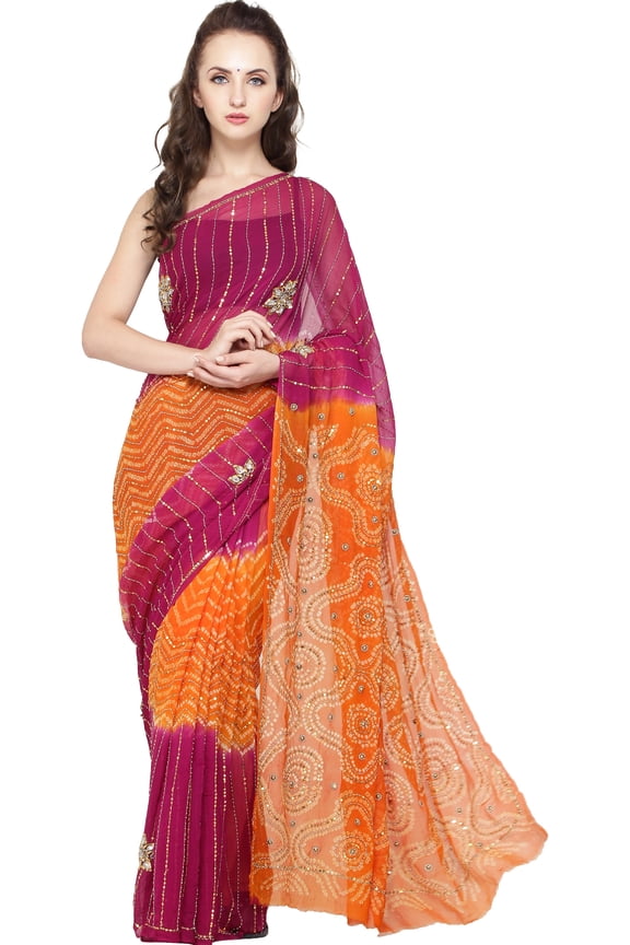 Pink and Orange Shaded Bandhani Tie-Dye Sari with Embroidered Sequins and Crystals