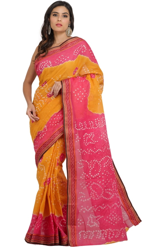 Pink and Yellow Shaded Bandhani Tie-Dye Sari from Rajasthan with Woven Border