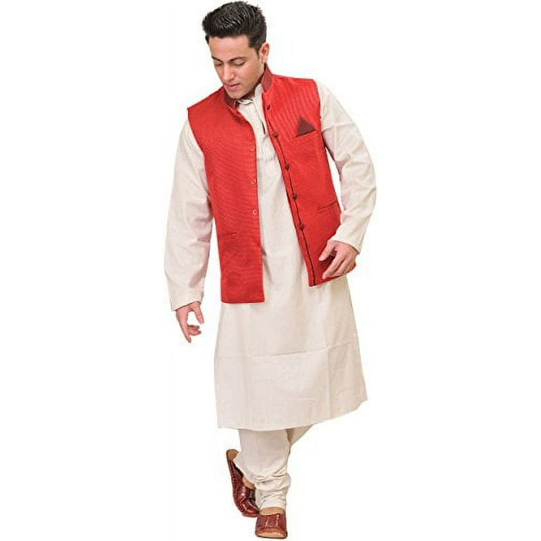 Exotic India Plain Khadi Kurta Pajama with Embroidery on Neck Color Winter Sky Size 42