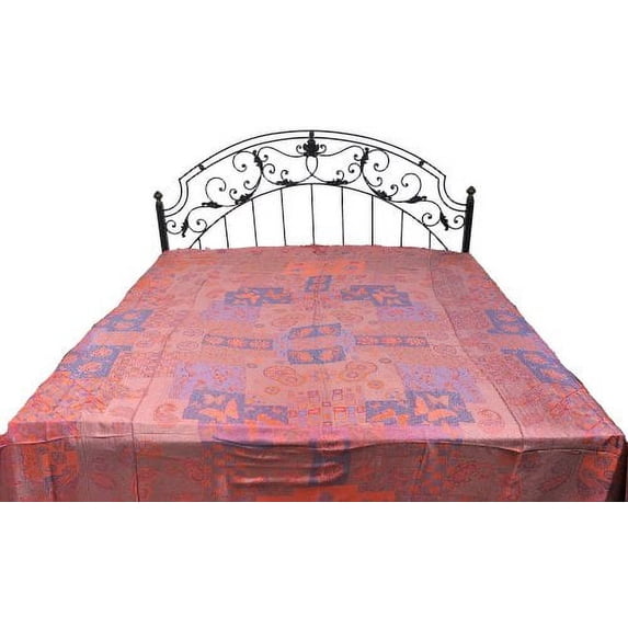 Exotic India Pure Silk Jamawar Bedspread with Woven Butterflies and Paisleys - Pure Silk