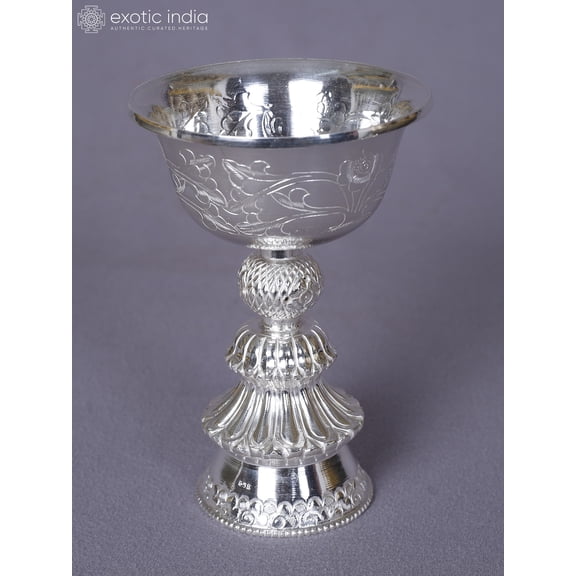 Exotic India Pure Silver Engraved Diya With Stand From Nepal - Traditional Oil Lamp Decor