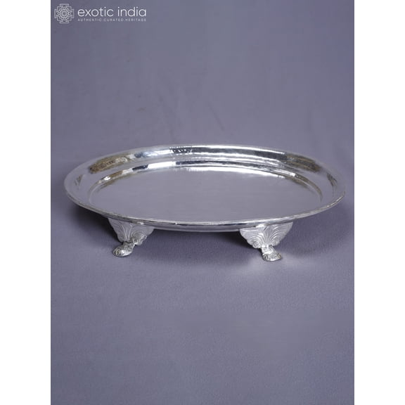 Exotic India Engraved Pooja Thali With Stand - Ornate Tray | Interior Accent