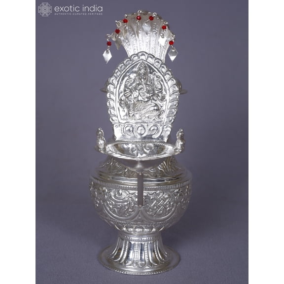 Exotic India Pure Silver Lord Ganesha Diya With Kalash - Thapi Sukanda Ritual Lamp | Sacred Accent