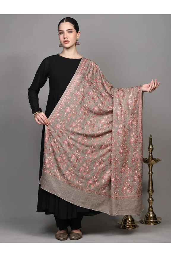 Pure Wool Shawl Diamond Weave with Aari Embroidered Floral Stripes | Women's Shawls and Wraps for Weddings, Evening Dresses, Festivals