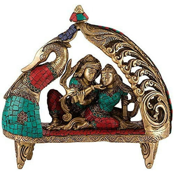 Exotic India Radha Krishna Sitting on Peacock Boat with Inlay Work - Brass
