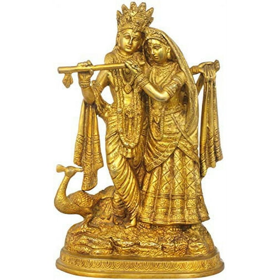 Exotic India Radha-Krishna with Peacock - Brass Statue