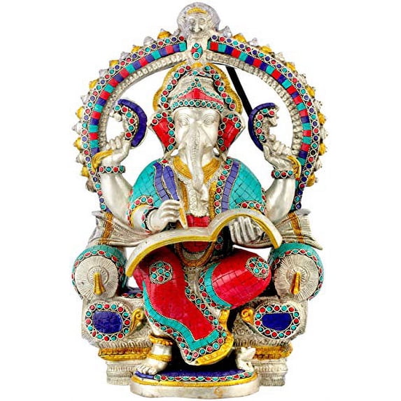 Exotic India Raja Ganesha Writing The Mahabharata - Brass Statue with Inlay Work