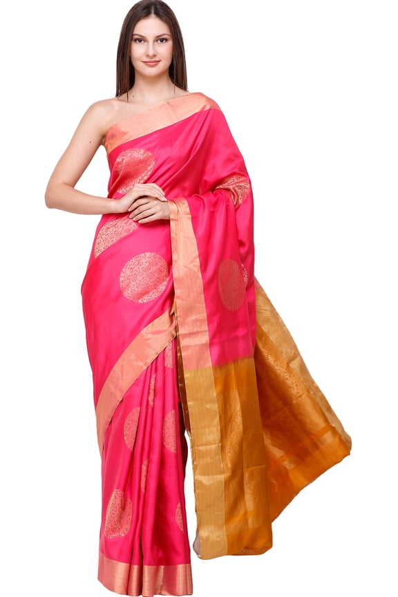 Raspberry-Pink Brocaded Uppada Sari from Bangalore with Hand-Woven Giant Bootis