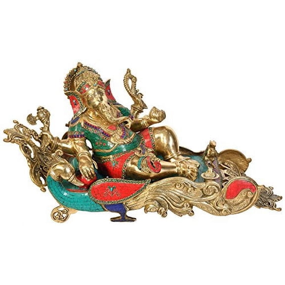 Exotic India Relaxing on Peacock Recliner, Multi Color Ganesha Brass Statue