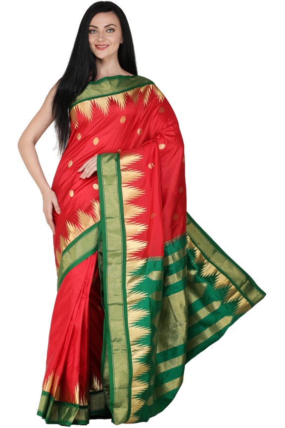 Rococco-Red Brocaded Uppada Sari with Zari Woven Temple Border and Bootis