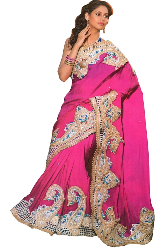 Sangria Designer Wedding Sari with Large Paisleys Border and Embroidered-Beads