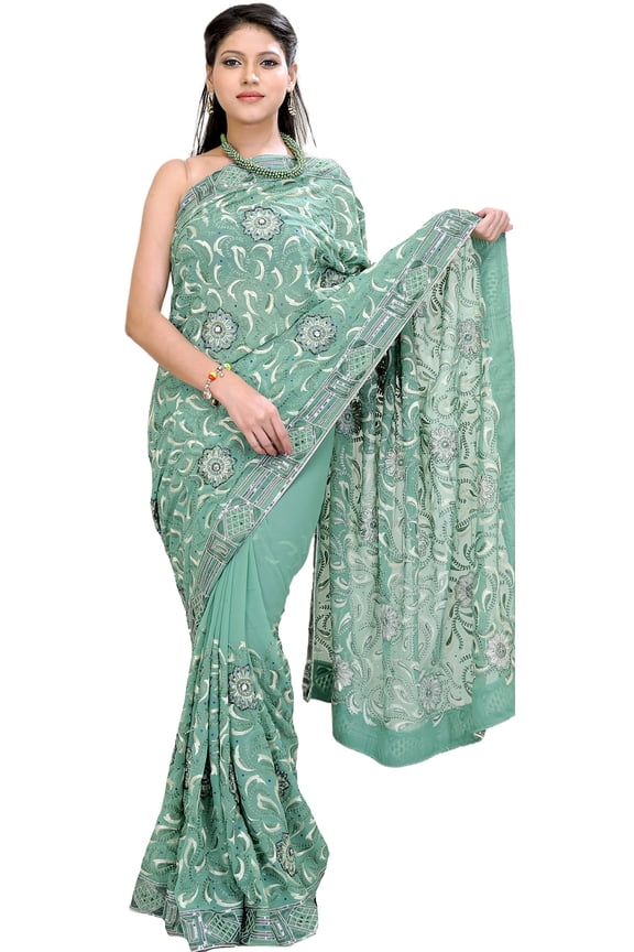 Sea-Green Wedding Saree with Thread Embroidered Flowers and Sequins