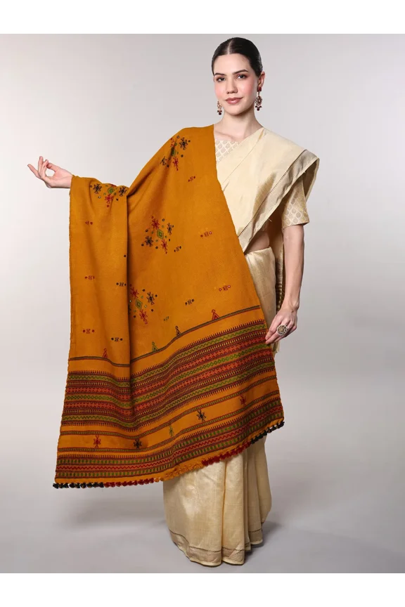 Shawl from Kutch with Embroidered Bootis and Mirrors - Wool