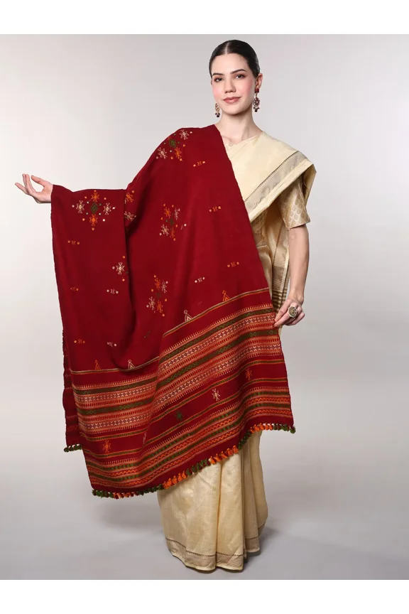 Shawl from Kutch with Embroidered Bootis and Mirrors - Wool