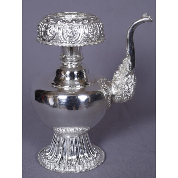 Exotic India Silver Ritual Kalash with Auspicious Symbols, Handcrafted Temple Decor Item
