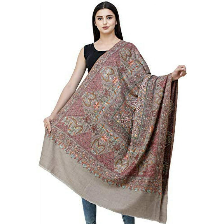 Exotic India Simply-Taupe Pure Pashmina Shawl from Kashmir with Sozni Han -  Gray 