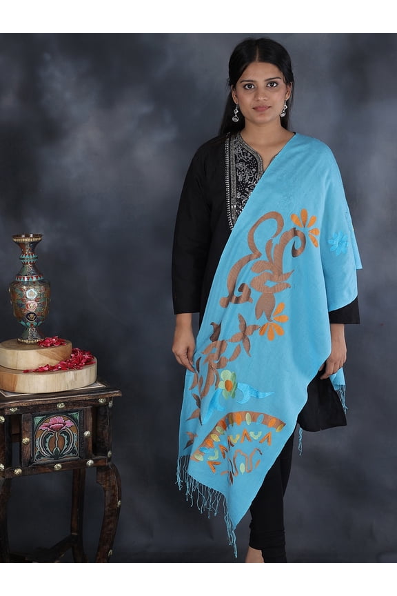 Sky Blue Contemporary Motif Wool Stole - Modern Patterned Wrap