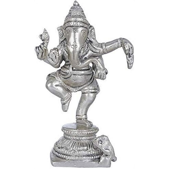 Exotic India Small Dancing Ganesha - Brass Statue - Color Alluring Silver Color