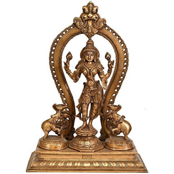 Exotic India Standing Goddess Lakshmi with Two Elephant Diyas (Gajalakshmi)