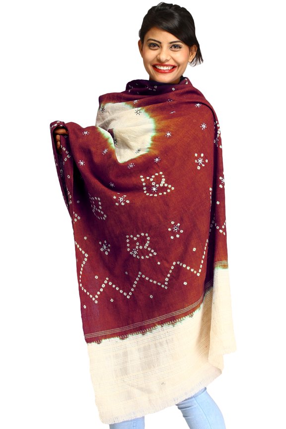 Bandhani Tie-Dye Shawl from Gujarat with Embroidered Mirrors – scarlet