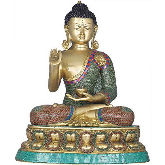Exotic India Tibetan Buddhist Deity Preaching Buddha - Brass Statue with Inlay Work