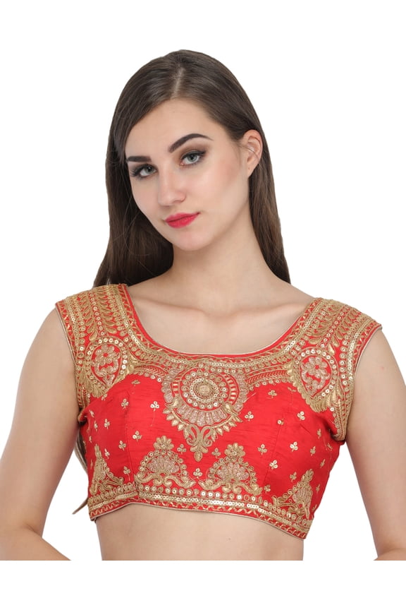 Tomato-Red Wedding Padded Choli from Jodhpur with Golden-Embroidery and Sequins