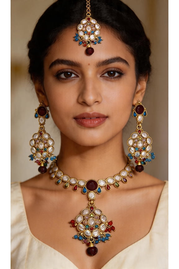 Tri-Color Polki Necklace Set with