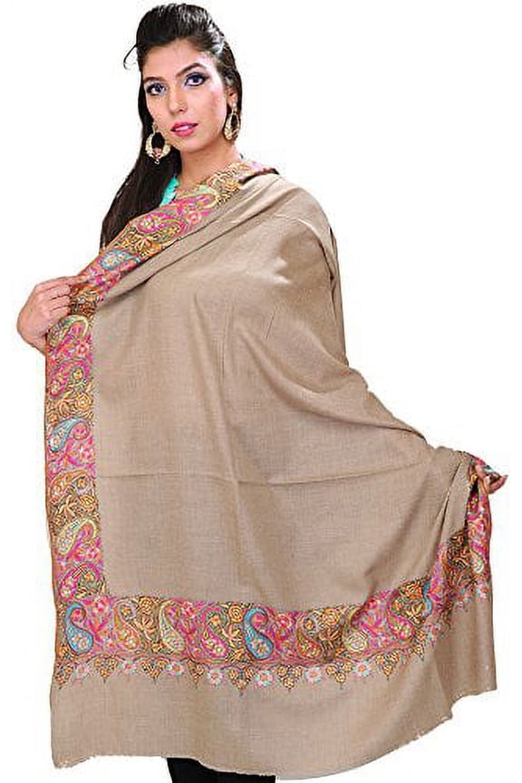 Warm-Taupe Pure Pashmina Shawl from Kashmir with Hand-Embroi - Gray