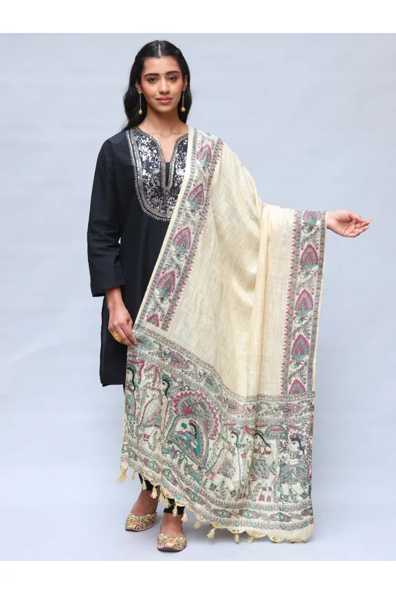 Women's Khadi Cotton Shawl with Madhubani Art Printed and Peacocks Border | Beautiful Wedding Palanquin Soft Weave Design Stole, Scarf for Girl
