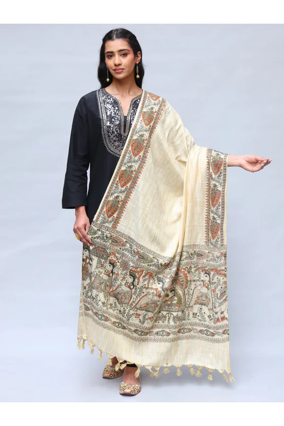 Women's Khadi Cotton Shawl with Madhubani Art Print | Beautiful Design Soft Weave Stole, Scarf for Girl (Bleached Sand)