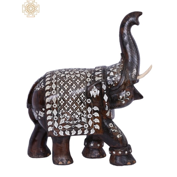 Exotic India Wood Elephant With Inlay Work - Elephant Figurine Accent