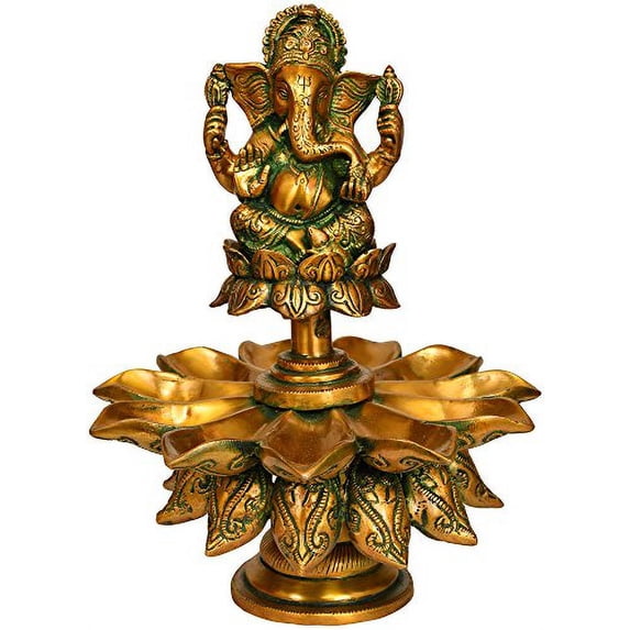 Exotic India ZCF94 Lord Lotus Lamp (Eleven Wicks) Ganesha Brass Statue, Multicolor